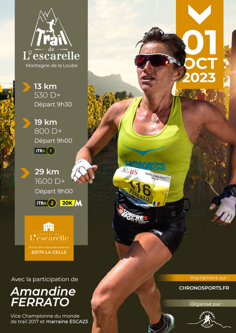 Affiche du trail de l'Escarelle 2023, avec Amandine FERRATO